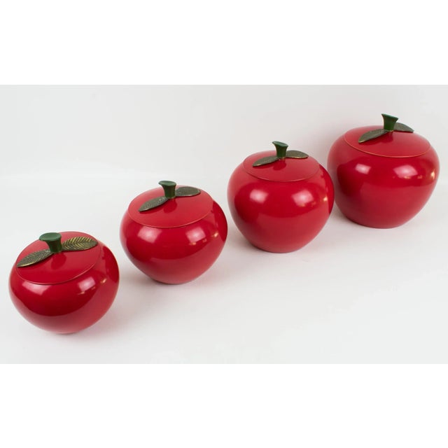 Red Mid-Century Kitchen Canister Cookie Jar Red Enamel Aluminum Apple, Set of 4 Pc For Sale - Image 8 of 13