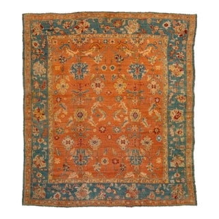 Orange and Blue Antique Turkish Oushak Wool Rug Handmade From the 1880s For Sale