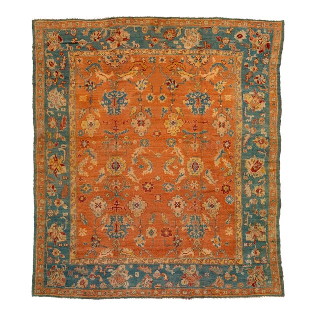 Orange and Blue Antique Turkish Oushak Wool Rug Handmade From the 1880s For Sale