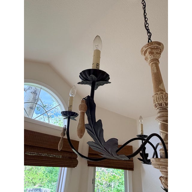 Spanish Colonial Style Iron & Carved Wood Five-Light Chandelier For Sale - Image 4 of 9