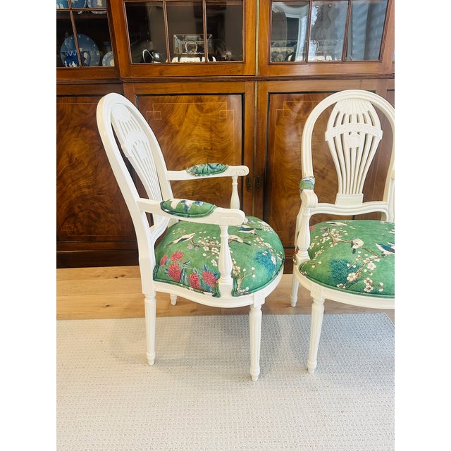 20th-Century Louis XVI Style Neoclassical Armchairs, Newly Reimagined – Thibaut Katsura in Emerald For Sale - Image 4 of 12