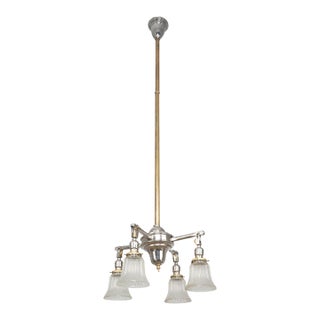 Mid 20th Century Traditional Brass & Nickel 4 Arm Glass Shades Pole Chandelier For Sale