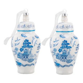 Chinoiserie Blue Willow Glass Christmas Tree Ornament - A Pair For Sale