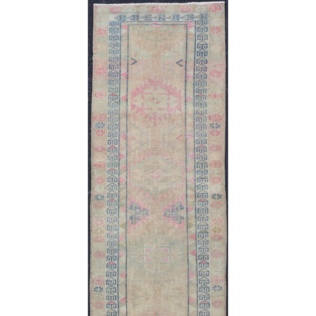 Turkish Oushak Runner in Soft Taupe With Faded Rose, Pale Blue, and Cream Accent For Sale In Atlanta - Image 6 of 12