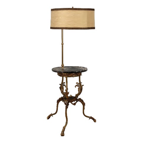 Antique Floor Lamp with Coffee Table in Bronze and Marble, Italy, 20th Century For Sale