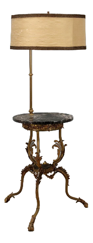 Antique Floor Lamp with Coffee Table in Bronze and Marble, Italy, 20th Century
