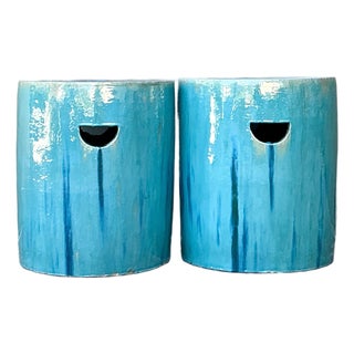 Vintage Drip Glazed Ceramic Garden Stools - A Pair For Sale