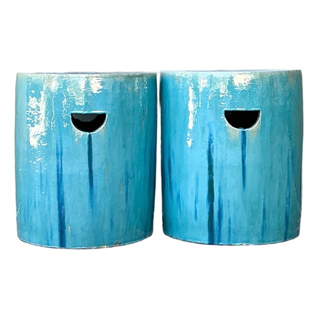 Vintage Drip Glazed Ceramic Garden Stools - A Pair For Sale