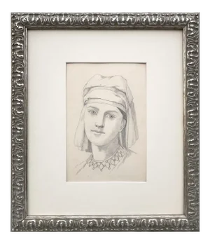 19th Century Antique Graphite Portrait Drawing of a Renaissance Woman