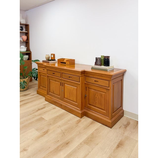 Antique Style Oak Office Credenza With Locking Doors and Finished Back For Sale - Image 12 of 17