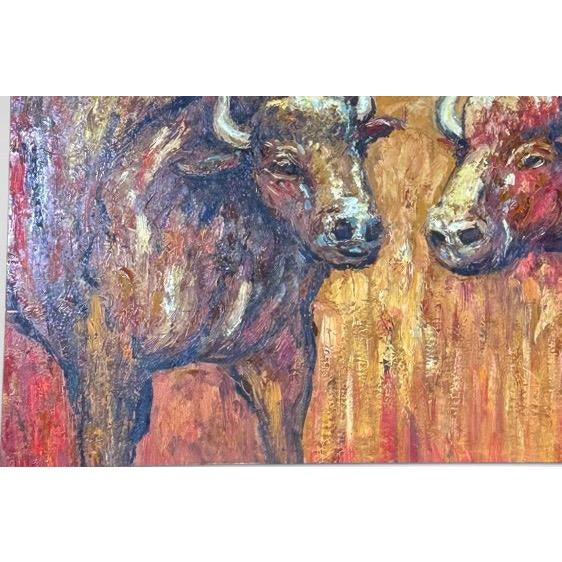 Brown Late 20th Century Oversized Mid-Century Western Expressionist Bison Buffalo Original Impasto Oil Painting Gallery Wrap Canvas For Sale - Image 8 of 12