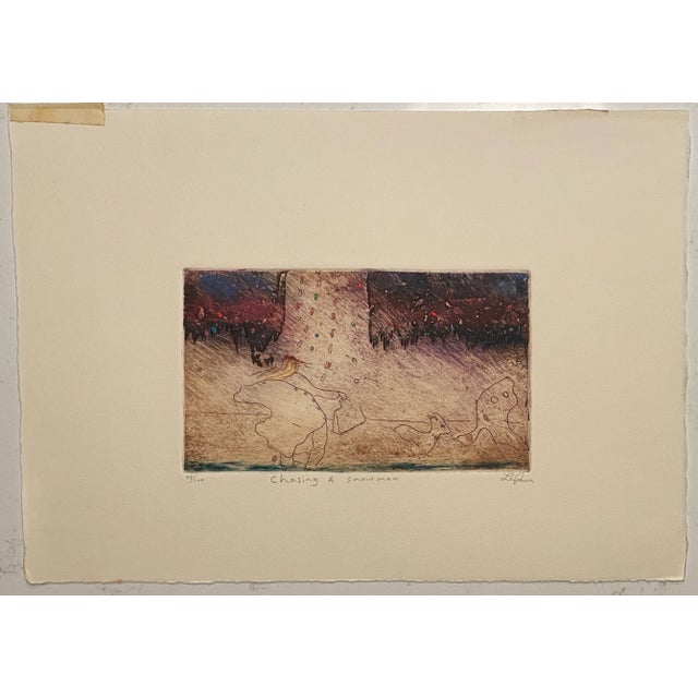 Gerard Edward Lehner (born 1951) "Chasing a Snowman" etching with embossing and hand coloring; pencil signed, titled and...