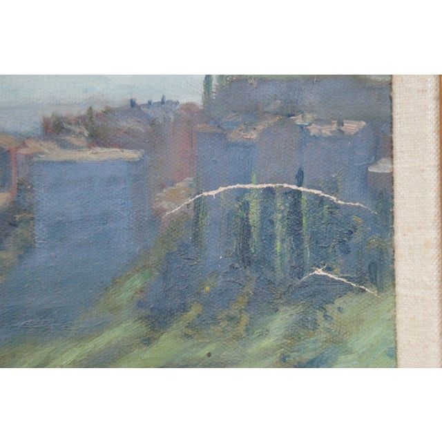 Green Mid 20th Century Vintage European Country Landscape Cityscape Oil Painting on Canvas, Framed For Sale - Image 8 of 11