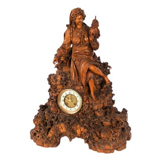 Antique Swiss Black Forest Carved Linden Wood Clock, 1890s For Sale