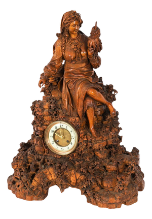 Antique Swiss Black Forest Carved Linden Wood Clock, 1890s