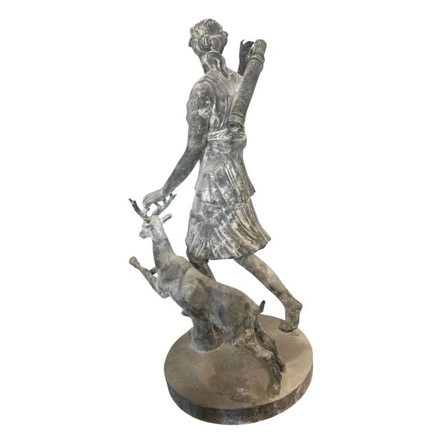 Mediterranean Classical Cast Iron Statue of Diana the Huntress With Stag For Sale - Image 3 of 12