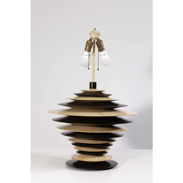 Wood Pair of Vintage Large Art Deco Ebony and Cream Colored Discus Lamps For Sale - Image 7 of 8