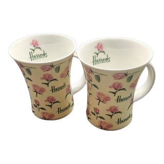 1990s Harrods Rose-Pattern Fine Bone China Coffee and Tea Mugs - Set of Two For Sale