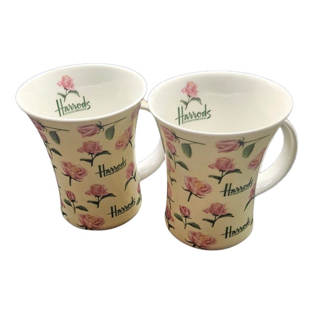 1990s Harrods Rose-Pattern Fine Bone China Coffee and Tea Mugs - Set of Two For Sale