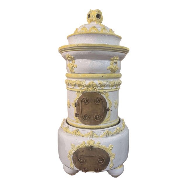 19th Century French White and Yellow Terracotta and Brass Wood Burning Stove For Sale