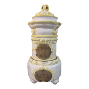 19th Century French White and Yellow Terracotta and Brass Wood Burning Stove