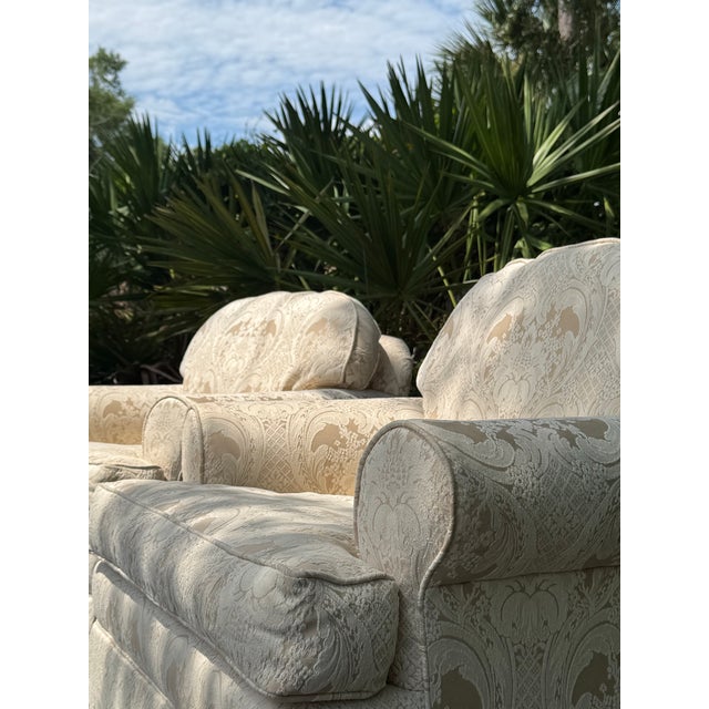 Ethan Allen Pair of Vintage Ethan Allen White Damask Upholstered Accent Chairs For Sale - Image 4 of 8