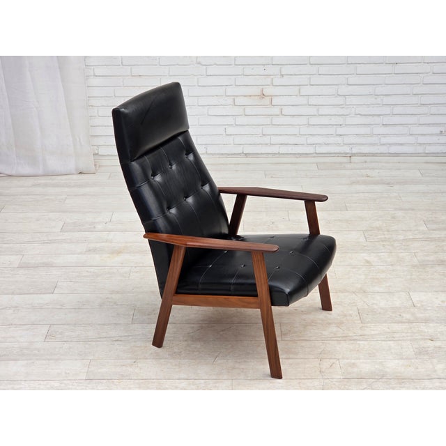 Danish Armchair in Black Artificial Leather and Teak Wood, 1970s For Sale - Image 4 of 18