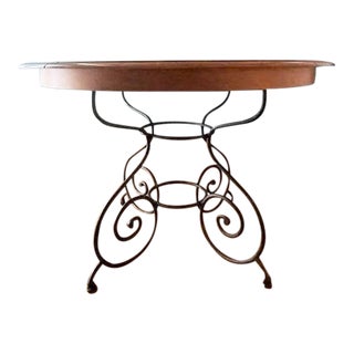 1990s Ethan Allen French Country Round Dining Table with Forged Iron Base and Extension For Sale