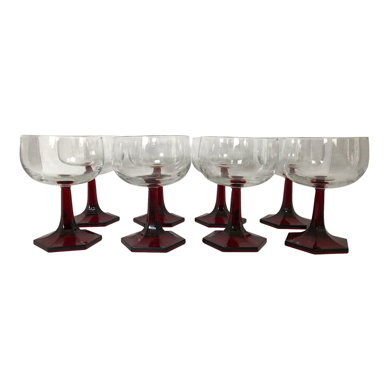 Midcentury French Ruby Red Hexagon Base & Clear Wine Glasses S/8 Chairish