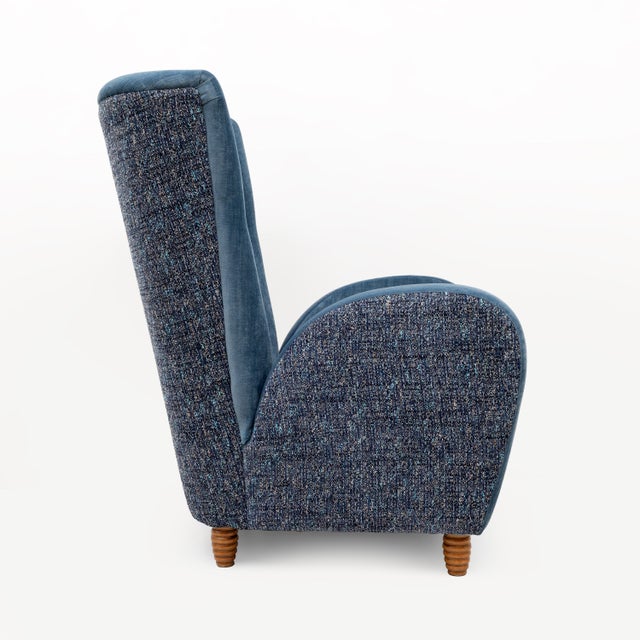 Mid-Century Modern Italian High-Back Armchairs in Blue Velvet and Chenille attributed to Paolo Buffa, 1950, Set of 2 For Sale - Image 3 of 10