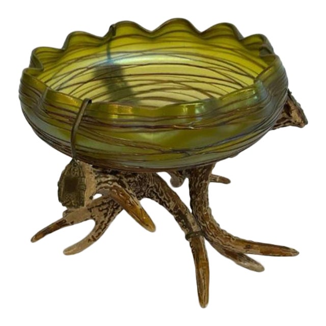 Art Neovou Threaded Irridescent Bowl on Faux Stag Horns 7" Loetz Art Glass For Sale