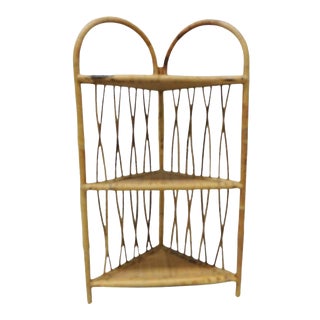 Vintage 3 Tiers Wall Shelf in Tortoiseshell Bamboo and Rattan with Hanging Hooks For Sale