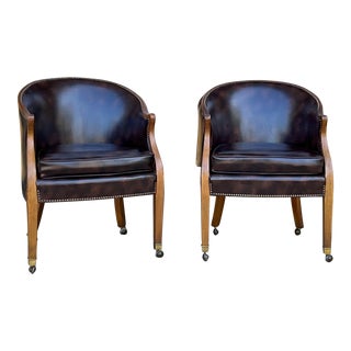 1970s English Traditional Style Baker Furniture Leather , Brass & Fruitwood Barrel Back Club Chairs Pair For Sale