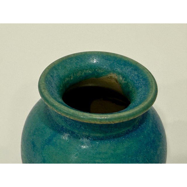 Mid-Century Modern Hand Thrown Signed Teal Blue Glossy Ceramic Vase Pottery From Basel Switzerland For Sale - Image 3 of 7