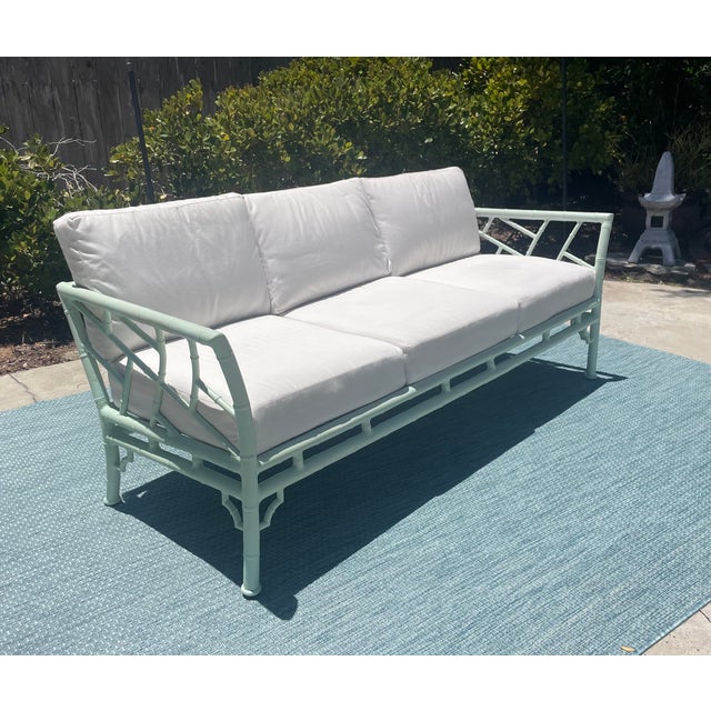 Hollywood Regency Vintage Faux Bamboo Patio Set by Meadowcraft, Chippendale Details and Sunbrella Cushions For Sale - Image 3 of 18