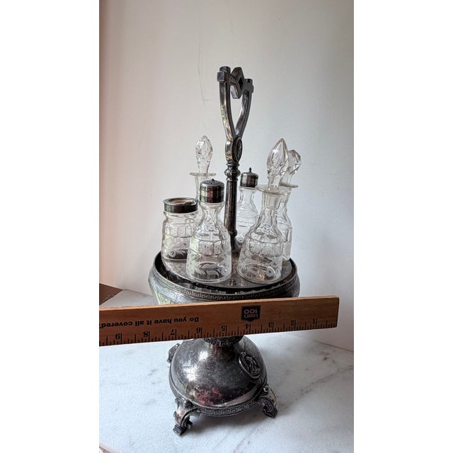 Silver 19th Century Victorian Era Castor or Cruet Set 6 Decanters and Silver-Plated Holder With Central Handle For Sale - Image 8 of 18