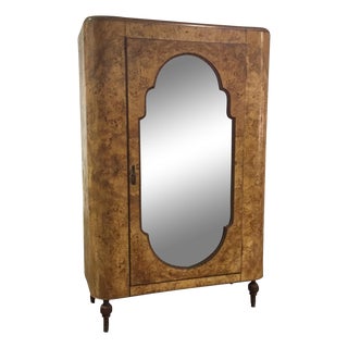 Art Deco Burl Wood Armoire Wardrobe With Mirror For Sale