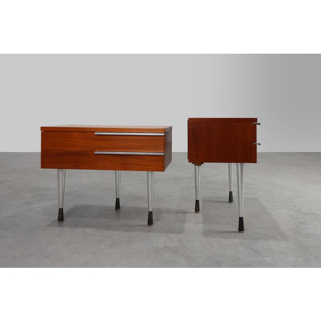 1960s Mid-Century Modern French Nightstand in Teal Veneer and Chrome, 1960s, Set of 2 For Sale - Image 5 of 13