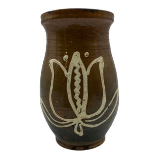 19th Century French Regional Slipware Earthenware Pitcher With Tulip Motif For Sale