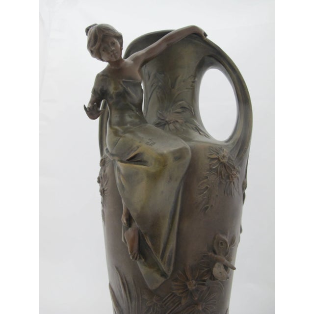 Francois Moreau Signed Female Figural Bird & Flower Art Nouveau Bronze Vase Pair For Sale In Portland, OR - Image 6 of 17