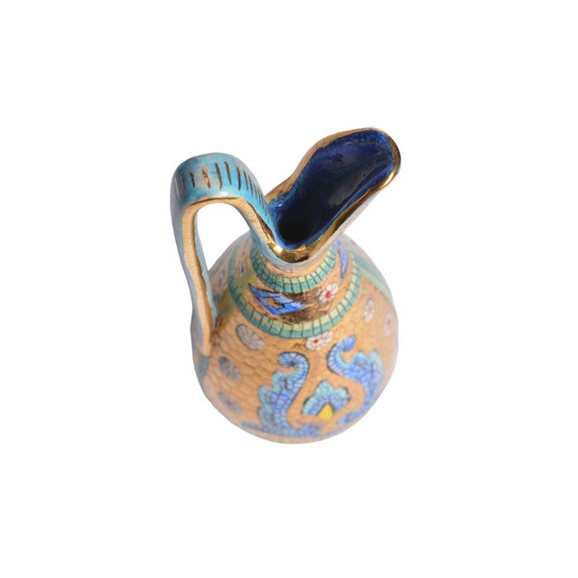 Vintage Deruta Italian 24kt Gold Plated Hand Painted Mosaic Byzantine Style Pitcher For Sale In Philadelphia - Image 6 of 7