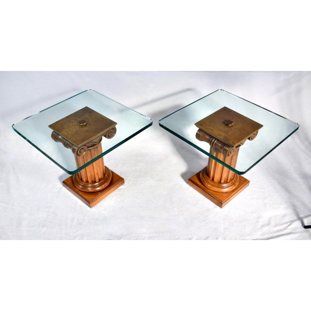 1970s Neoclassical Pedestal Tables by John Stuart, Burl & Walnut, 1960s Pair For Sale - Image 5 of 7