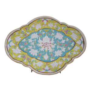 Antique Chinese Porcelain Famille Jaune Yellow Turquoise Footed Pedestal Dish