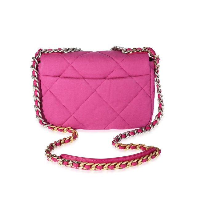 Traditional Fuchsia Quilted Cotton Medium Chanel 19 Flap Bag For Sale - Image 3 of 8