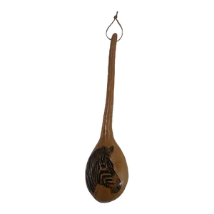 1970s Gourd Calabash Ladle Hand Carved Zebra Head and Leather Holder Strap