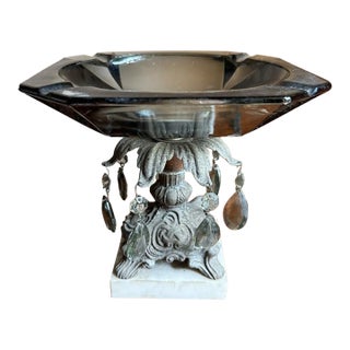 1950s Hollywood Regency Pedestal Centerpiece Bowl, Smoky Glass Ashtray With Marble Base For Sale