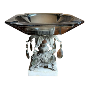 1950s Hollywood Regency Pedestal Centerpiece Bowl, Smoky Glass Ashtray With Marble Base