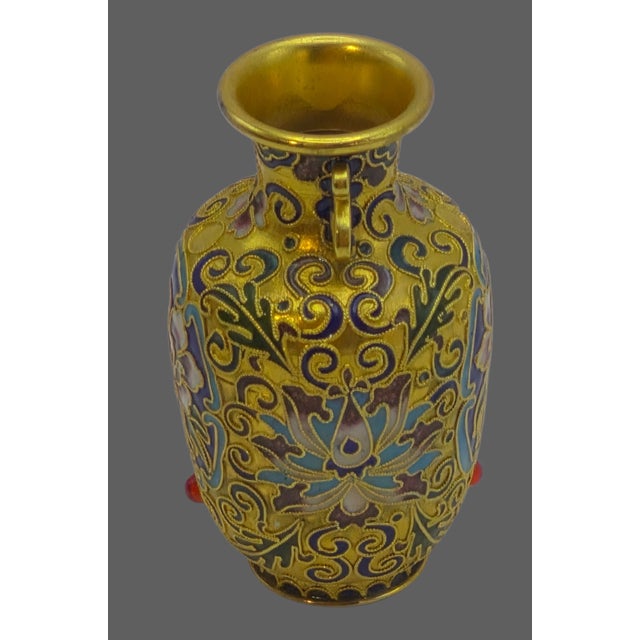 Vintage Ornate Jeweled Cloisonne Hand Painted Enamel Gilded Floral Small Vase For Sale - Image 10 of 11