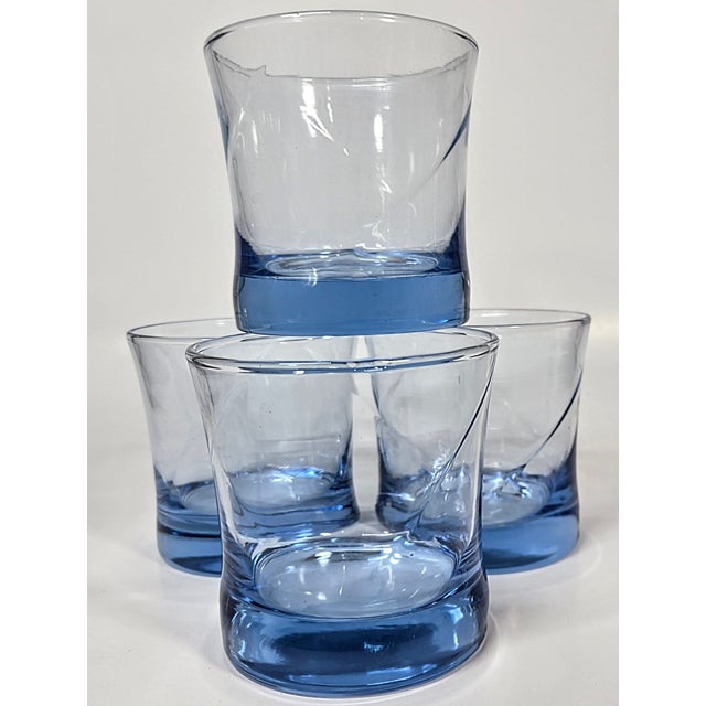 1990s Twirling Blue Vintage Double Old Fashioned Glasses- Set of Four For Sale - Image 10 of 11