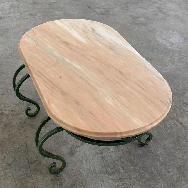 Hollywood Regency Vintage Pink Marble and Green Wrought Iron Coffee Table, 1970s For Sale - Image 3 of 12